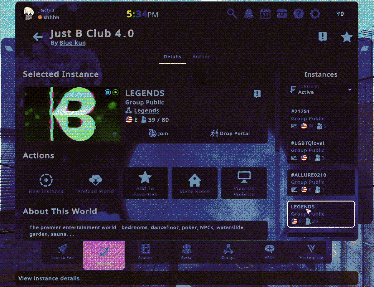 Just B Club 4.0 world page in VRChat